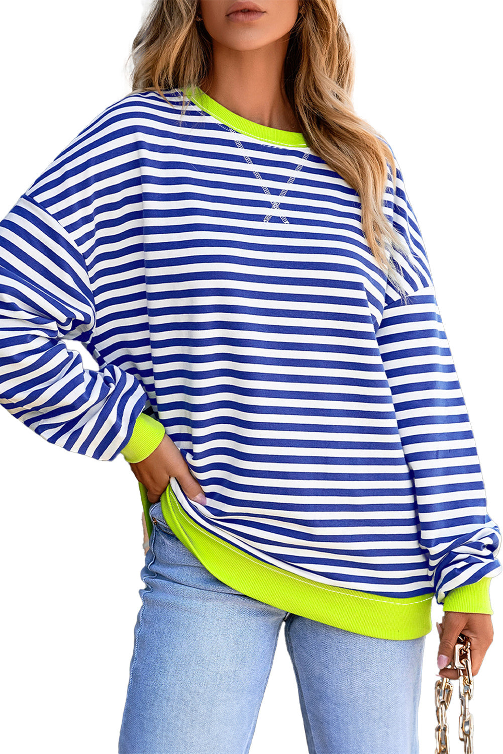 White Striped Contrast Trim Drop Shoulder Sweatshirt 3d0f172935824324