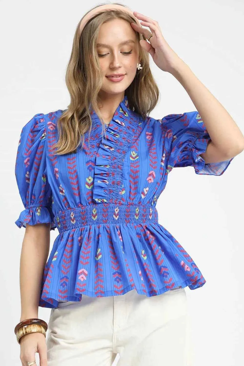 Umgee Printed Half Sleeve Peplum Blouse Blue 3d146c0e-034d-49c7-a19c-3e71a4bbf7dd-Max-Origin