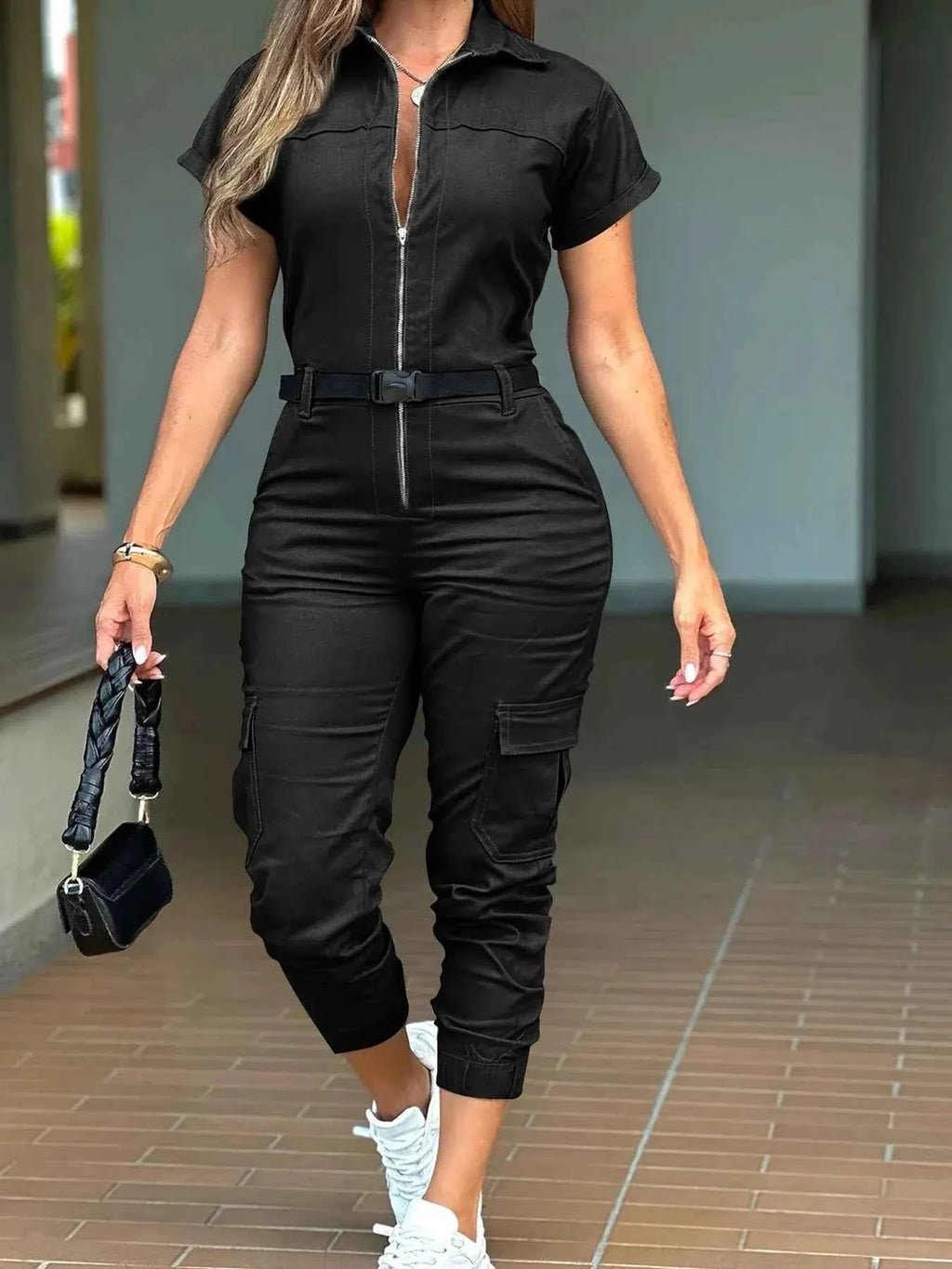 Zip Front Short Sleeve Jumpsuit Black 3d2a5230bd384df9a4b8e070b387b1c2-Max-Origin