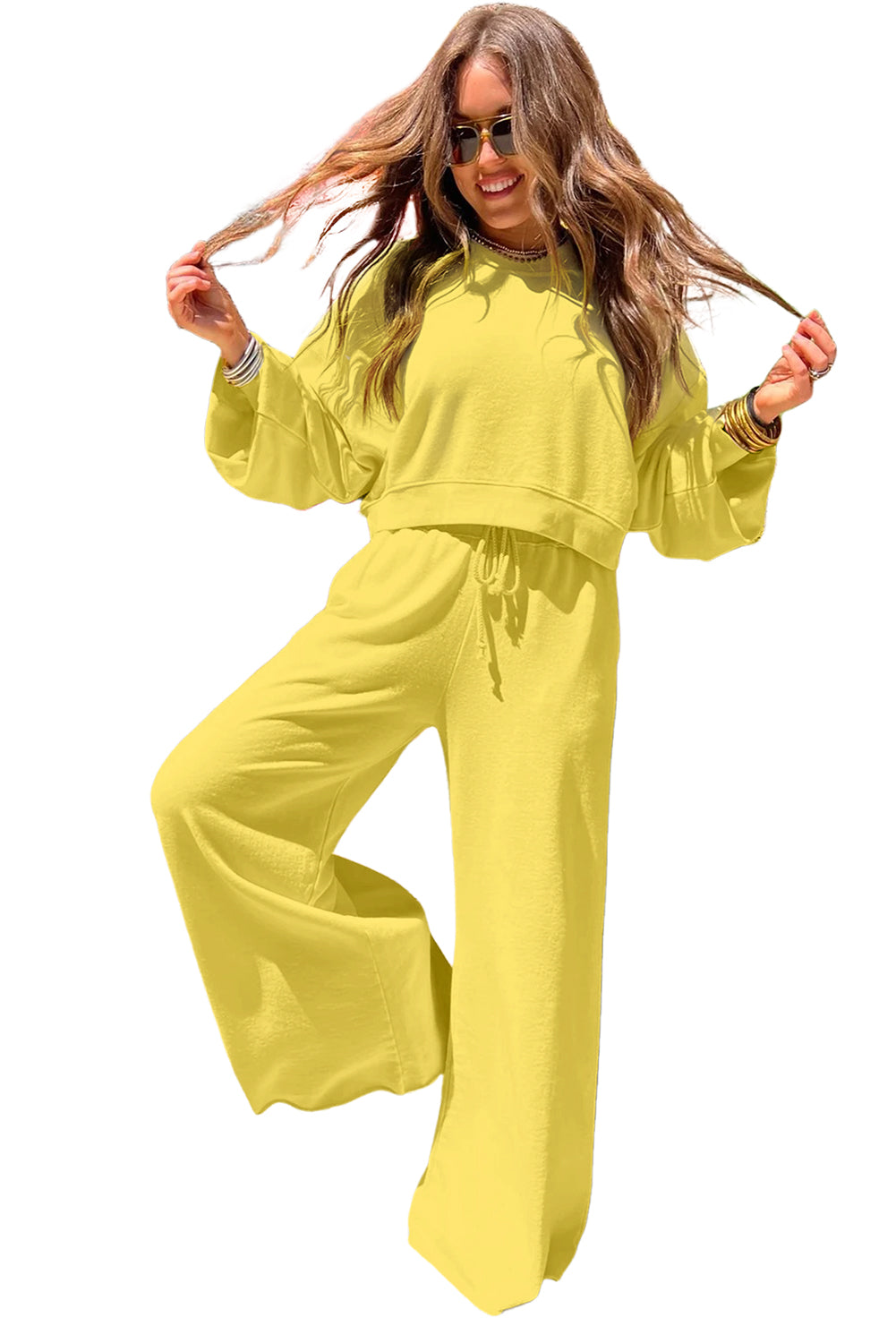Bright Green Drop Shoulder Crop Pullover Drawstring Wide Leg Pants Set 3d2d462bbce88620