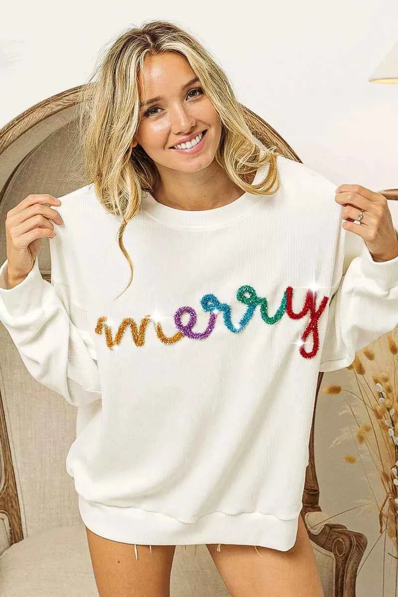 BiBi Merry Tinsel Lettering Drop Shoulder Sweatshirt WHITE MULTI 3d2f391b6a95417f9f909eecd1b1add7-Max-Origin
