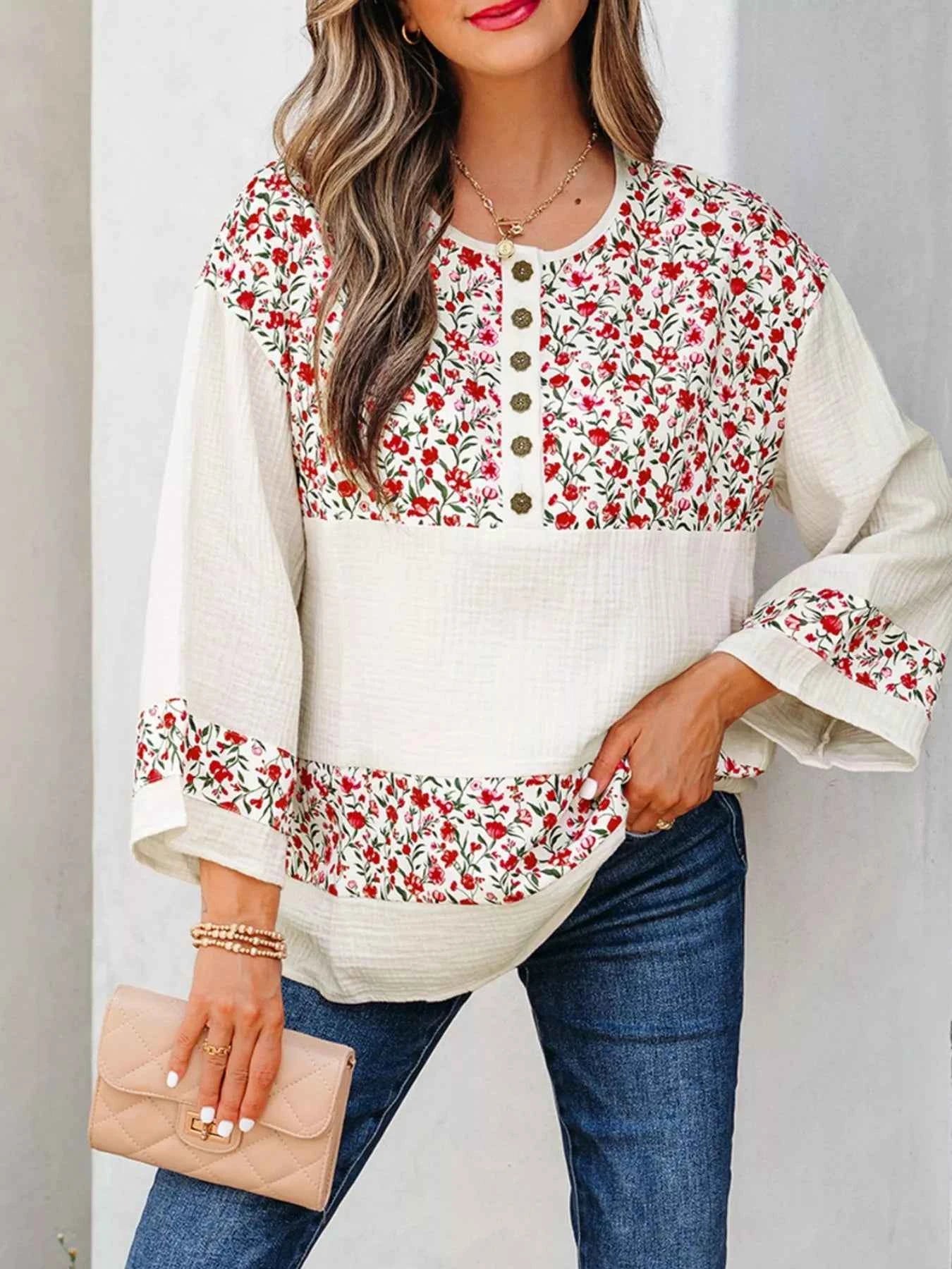 Floral Print Henley Button 3/4 Sleeve Blouse Strawberry 3d3328bf-ea60-4b48-a42a-9c4dce9cdd0f-Max-Origin