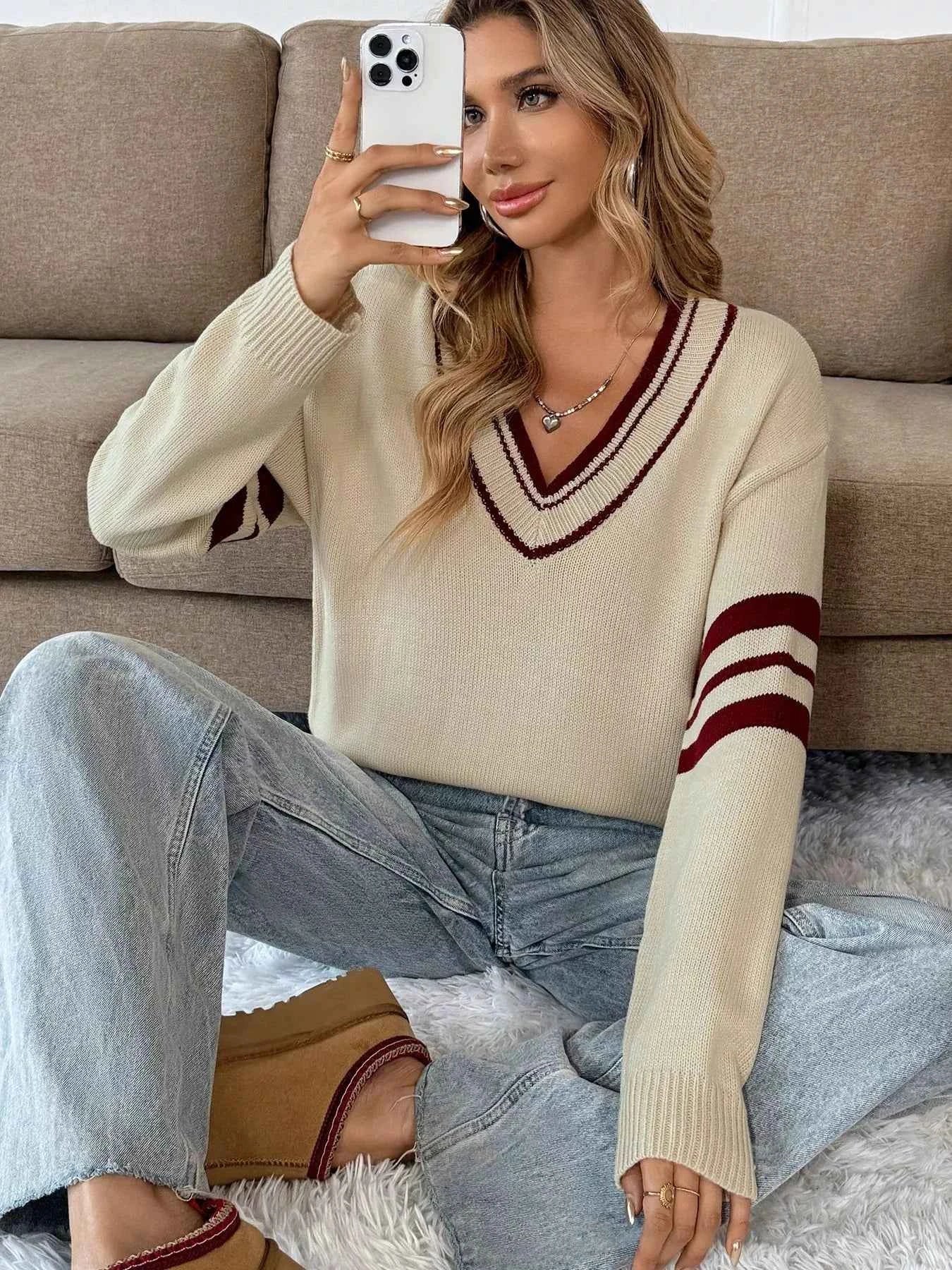 Contrast Trim V-Neck Long Sleeve Sweater 3d339bc671494431b999d86d72151cab-Max-Origin