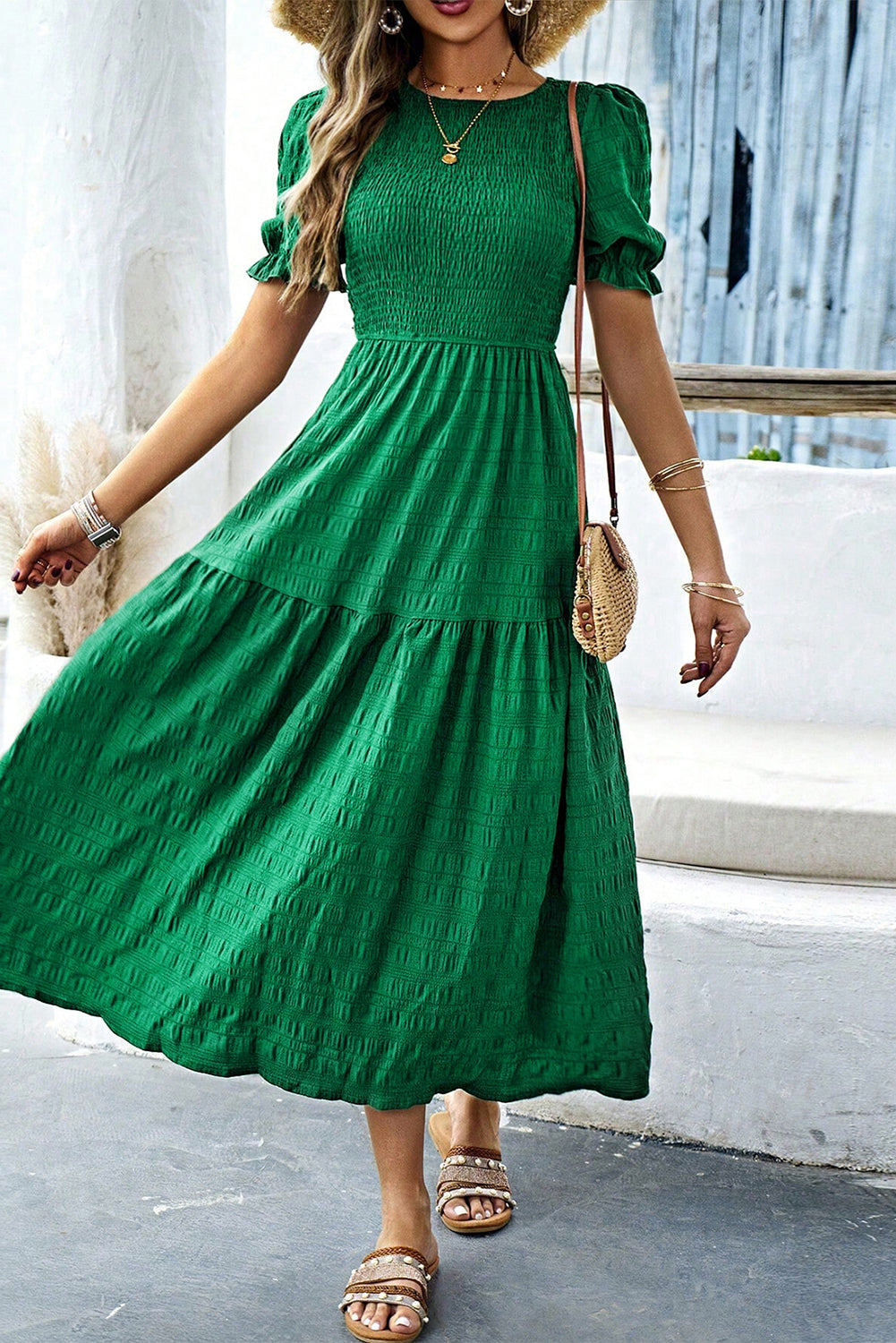 Sail Blue Solid Textured Smocked High Waist Midi Dress Dark Green 3d37cee6f3eb943e
