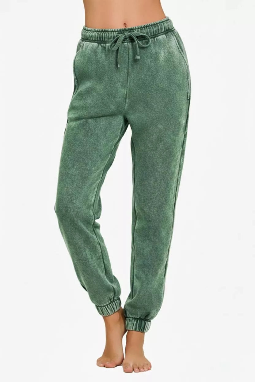 Zenana Acid Wash Fleece Sweatpants with Pockets DK GREEN 3d386481-6207-41b4-9da4-b7100b442dba-Max-Origin