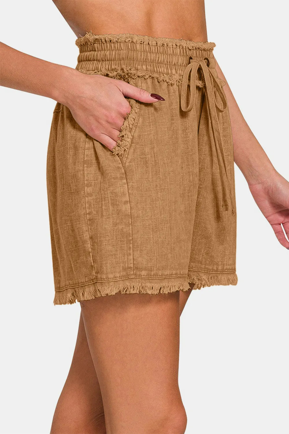 Zenana Washed Linen Frayed Hem Drawstring Shorts 3d457d09-e922-44bc-b417-0c2fd0124832-Max