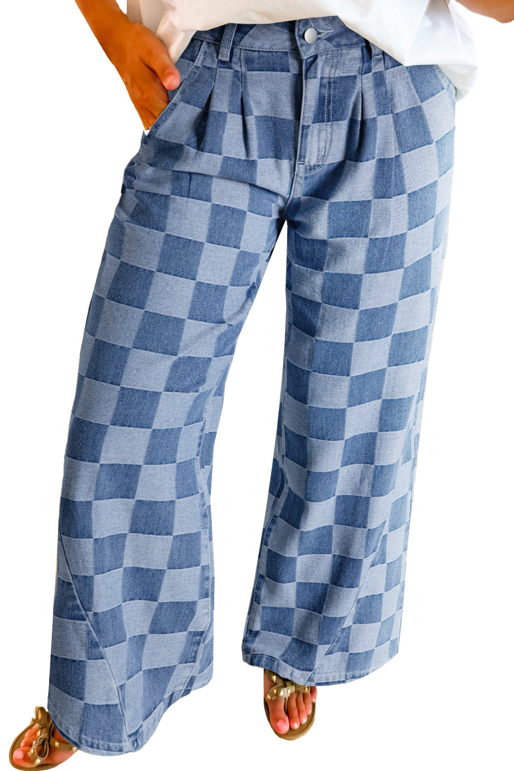 Dusk Blue Checkered Light Washed Wide Leg Jeans 3d55490a6c5346e4