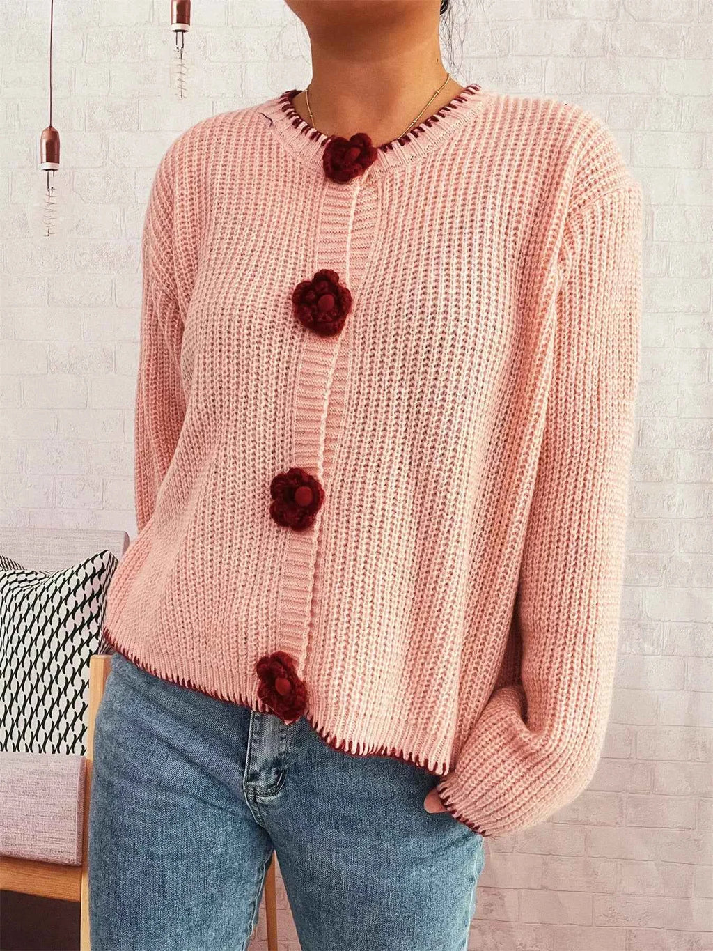 Flower Button Long Sleeve Cardigan 3d6708a4abd24d1db67e216e8f302614-Max-Origin