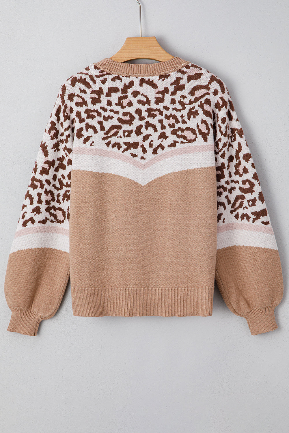 Straw Yellow Leopard Colorblock Patchwork Round Neck Sweater 3d72a102fd8076b5