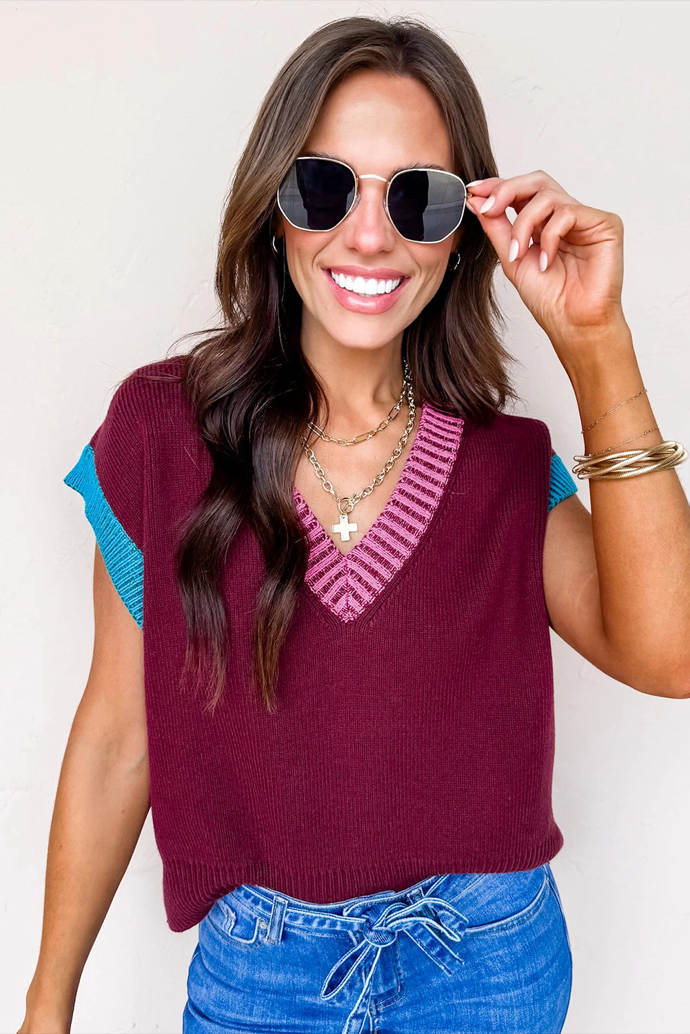 Burgundy Contrast Trim V Neck Cuffed Short Sleeve Loose Sweater