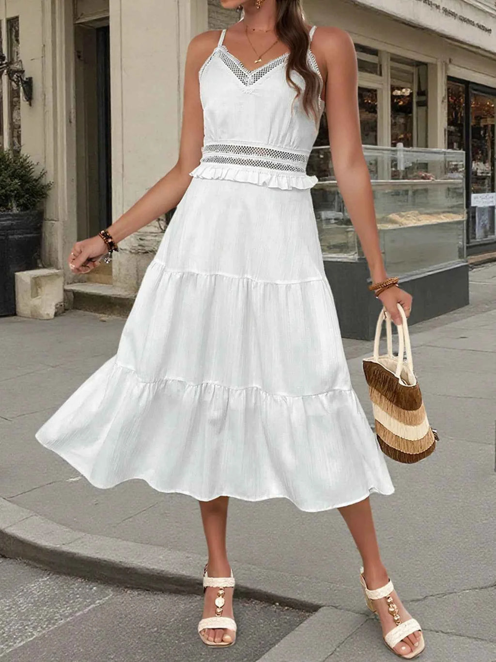 Tiered Midi Dress with Lace Trim Details White 3daa91870ba24e728397ded7e353adaa-Max-Origin