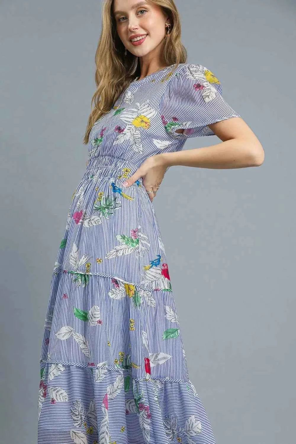 Umgee Smocked Waist Floral Short Sleeve Midi Dress 3de4324e-1622-4972-8bec-be8278e4e4ec-Max-Origin