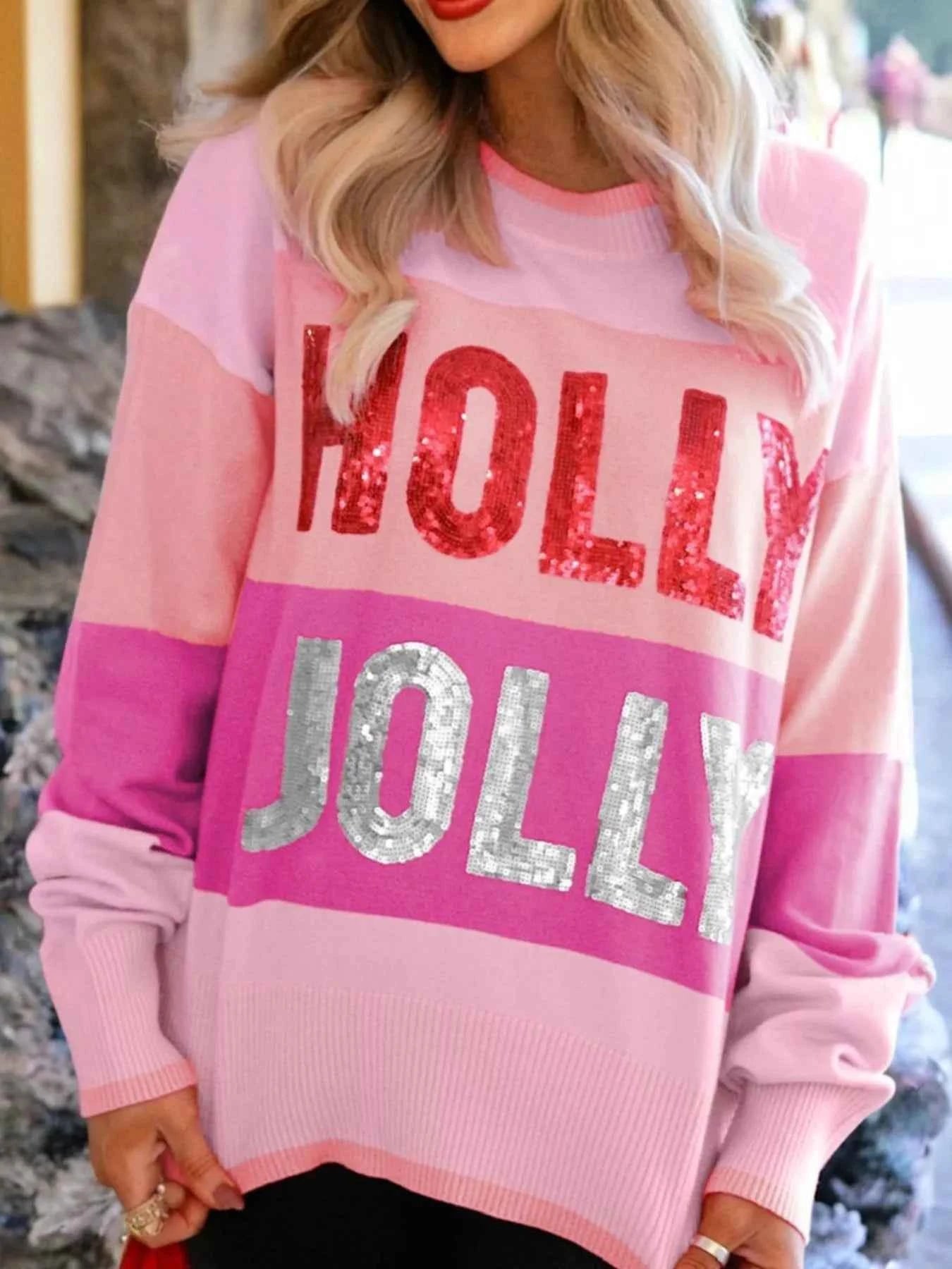 Sequined HOLLY JOLLY Color Block Crew Neck Sweater 3dea9949-f15a-4afe-9a24-1241a7c4d110-Max-Origin