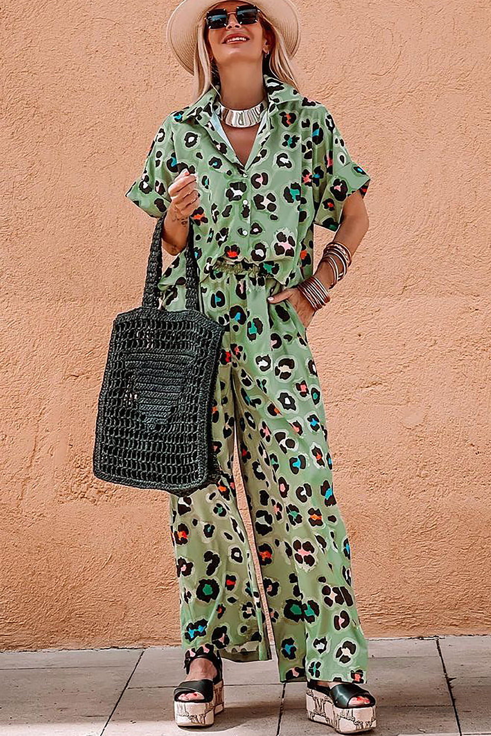 Green Leopard Print Short Sleeve Shirt and Wide Leg Pants Set 3df474b0098d30bd