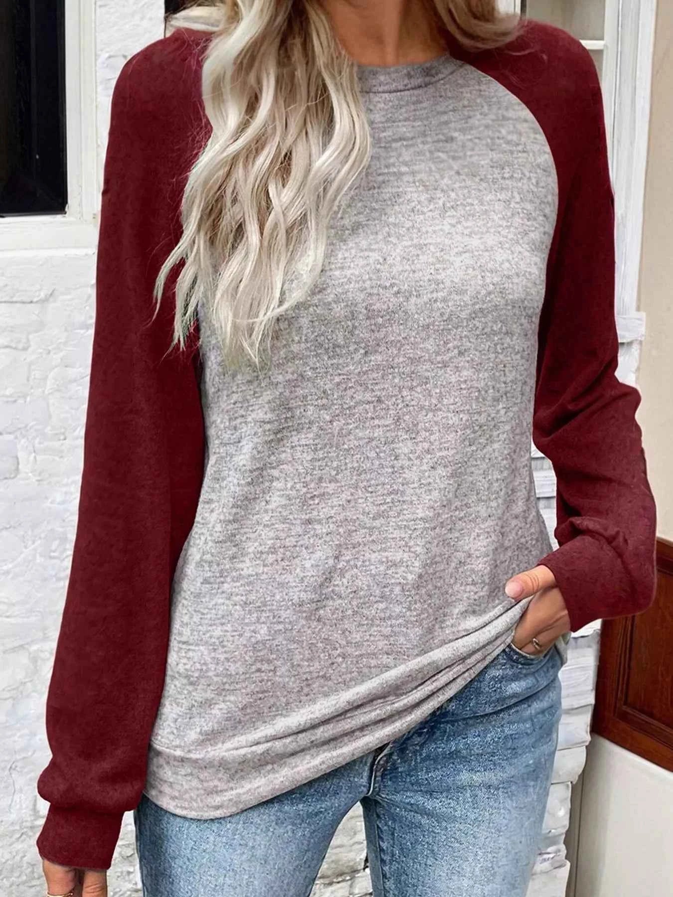 Color Block Raglan Long Sleeve T Shirt Burgundy 3df723cb34ea4c658cdd0a42559f423e-Max-Origin