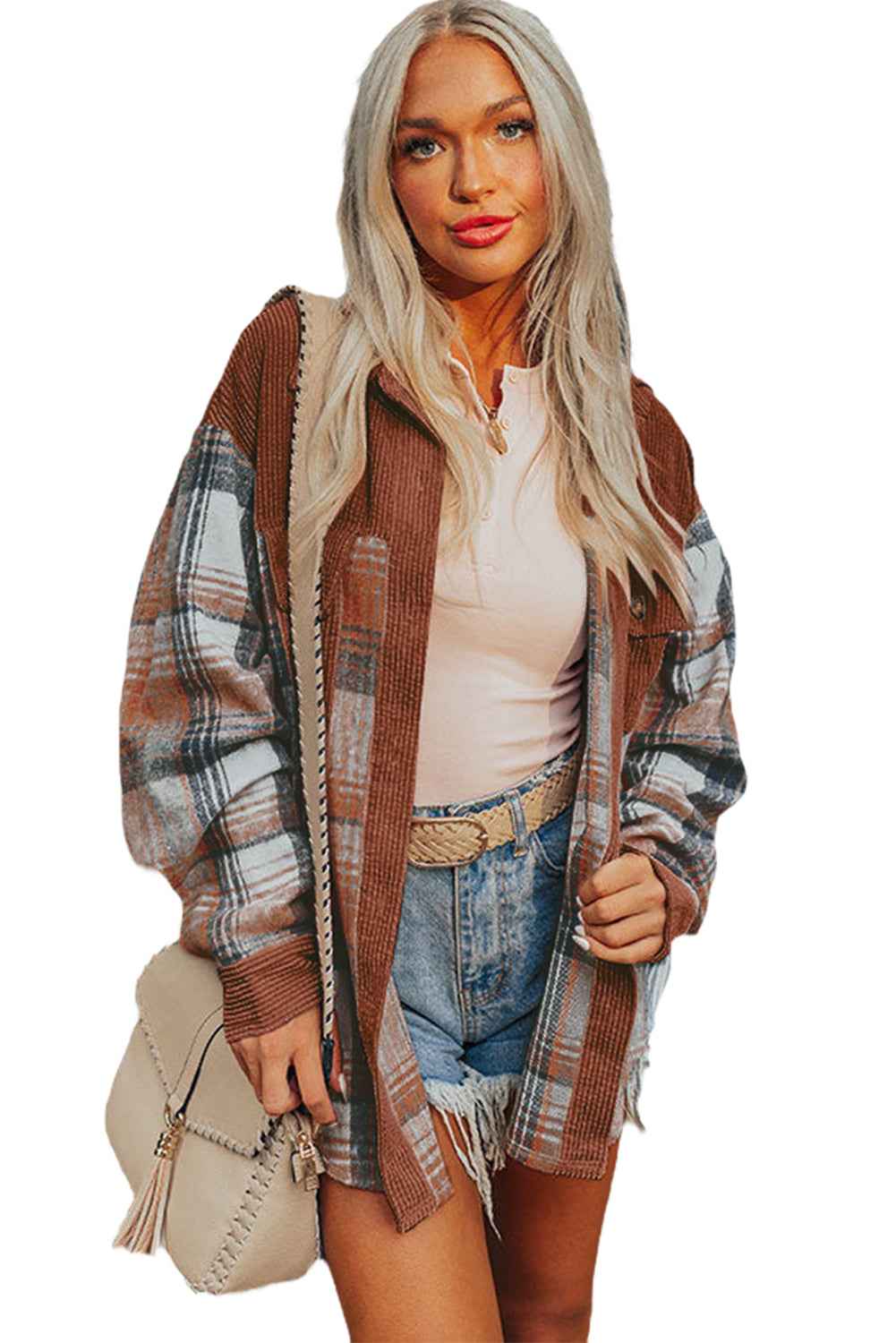 Cinnamon Plaid Corduroy Patchwork Pocket Loose Shacket Cinnamon 100%Polyester 3e019de3b6f82d16