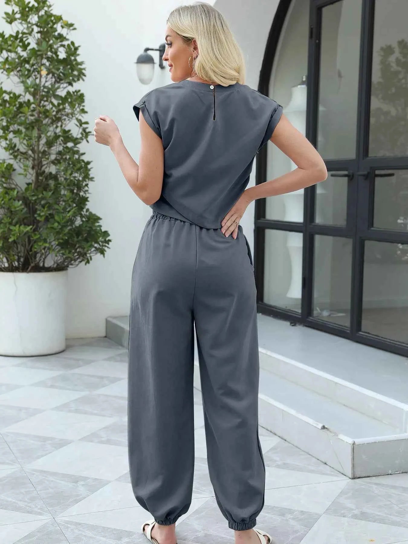 Round Neck Short Sleeve Top and Pants Set 3e02736a6f9640138601136a39f980ed-Max-Origin