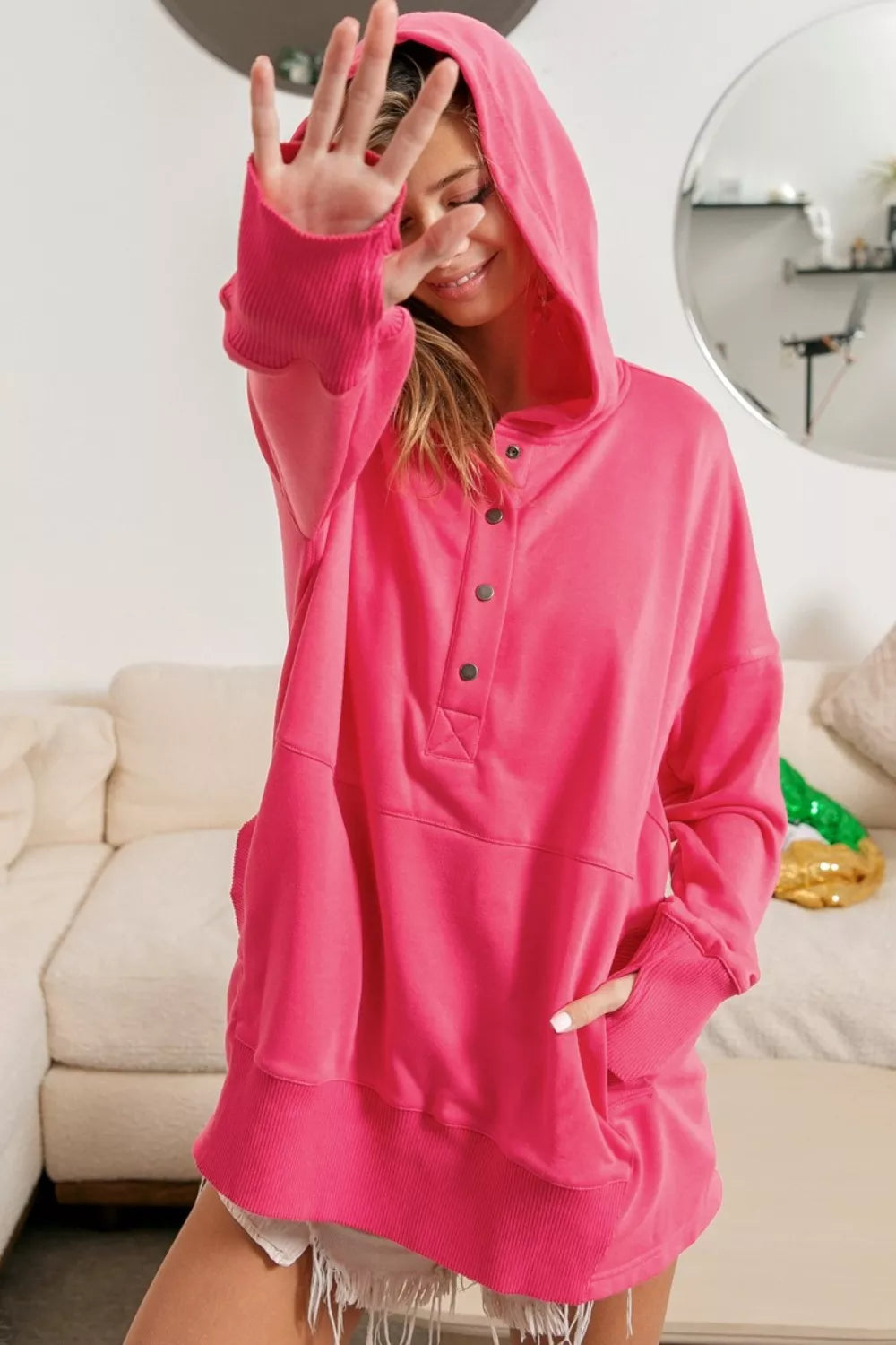 BiBi Half Snap Thumbhole Long Sleeve Hoodie FUCHSIA 3e11c5a2-6984-4ede-b592-81c35c708351-Max