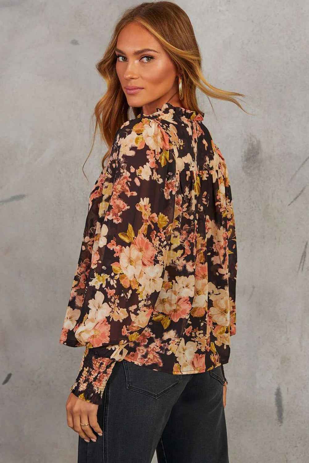 Black Floral V Neck Long Puff Sleeve Breezy Blouse 3e1ae4d08bf91f44