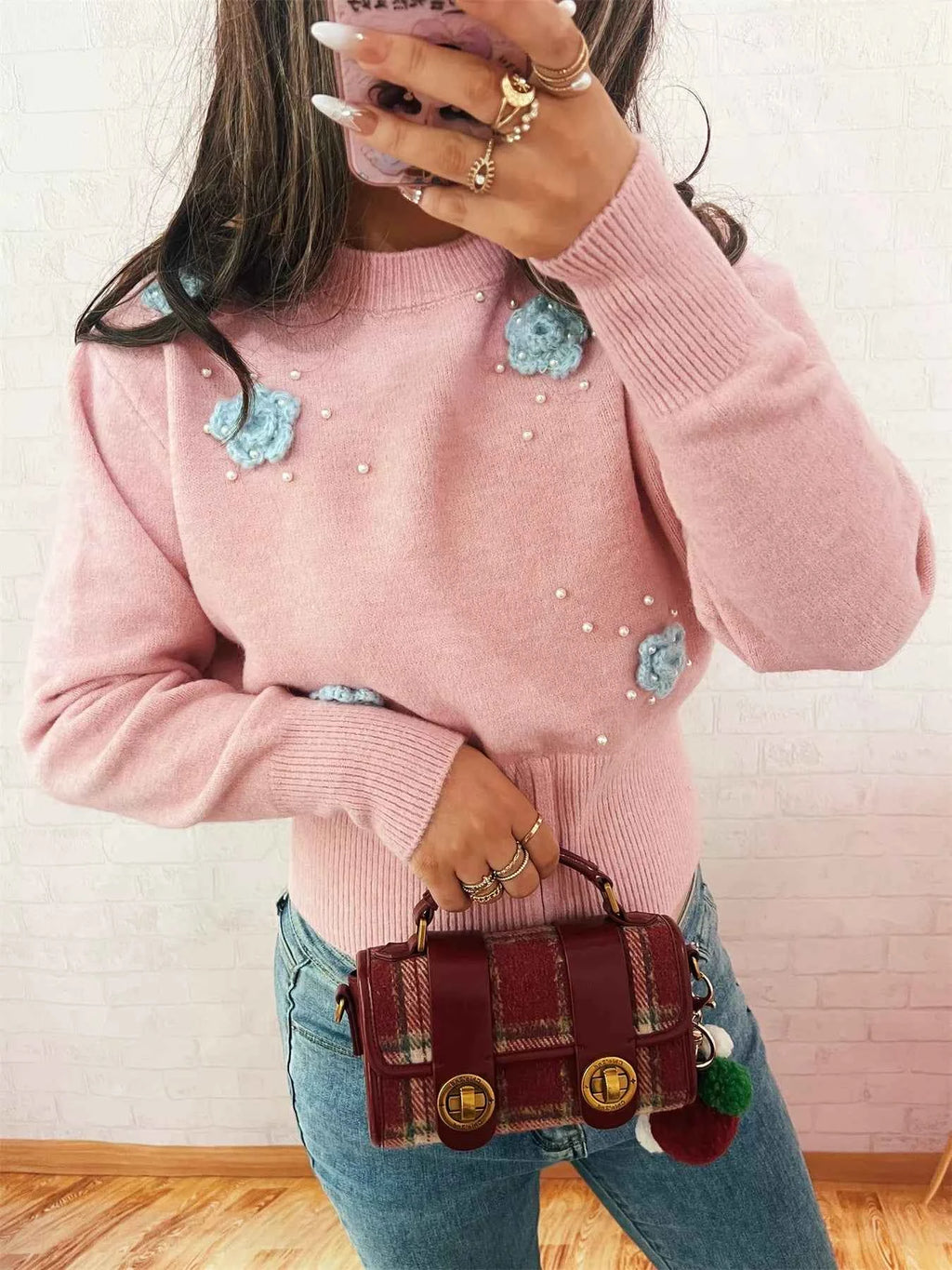 Flower Pearl Detail Ribbed Hem Sweater 3e27a59da24a419cb22dad1fba2deb43-Max-Origin