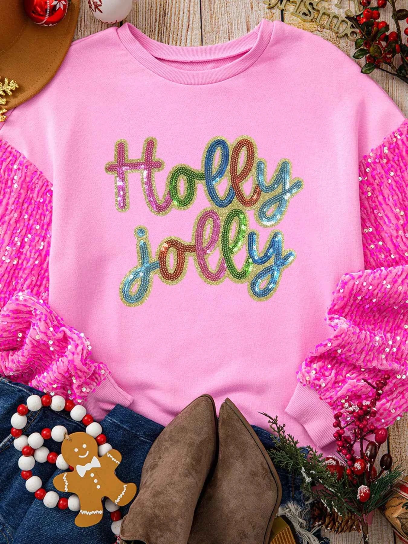Holly Jolly Sequin Letter Drop Shoulder Long Sleeve Top 3e31277eb347423aa8ae71c73ea35c05-Max-Origin