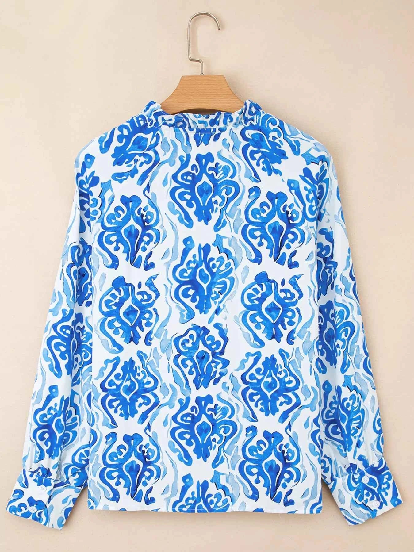 Printed Tie Split Neck Button Front Puff Sleeve Shirt 3e375775e0b5446681fd442703f406de-Max-Origin