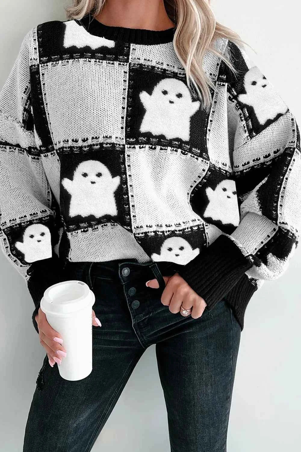 Ghost Checkered Round Neck Sweater Black 3e3d80e2-ce7b-4c8c-8888-6cba5e36b3cd-Max-Origin