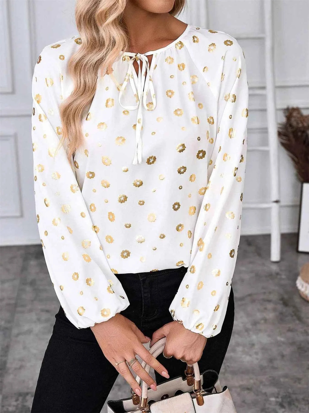 Printed Tie Neck Long Sleeve Blouse White 3e3fba87c25c4f1ab1e455d22abf36cf-Max-Origin