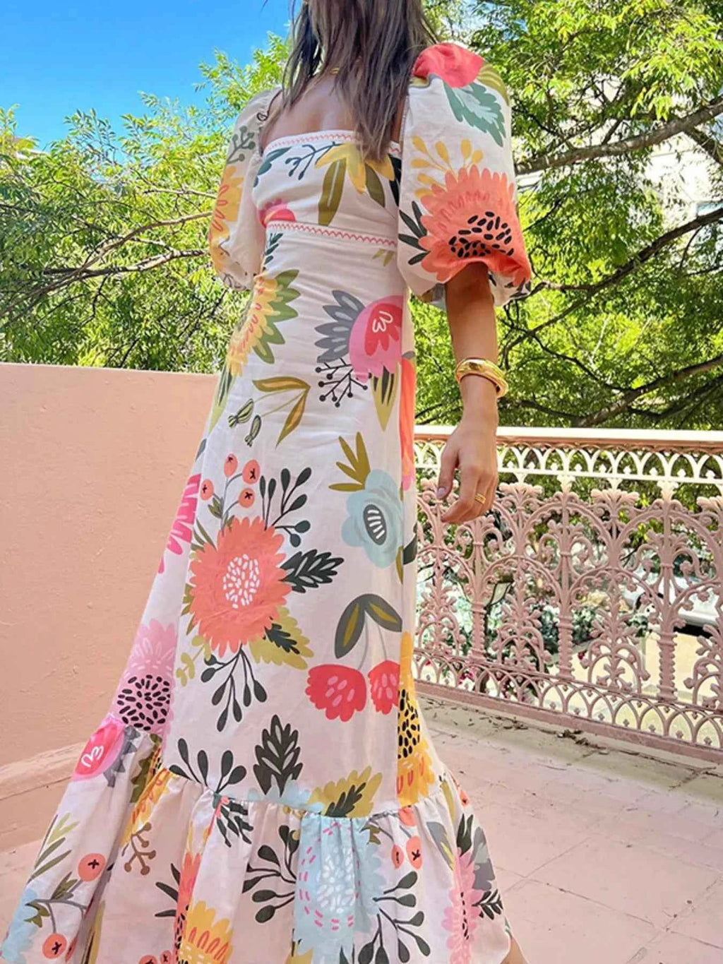 Floral Square Neck Puff Sleeve Maxi Dress with Ruffle Hem 3e4e0b76eda3453e82e3b86696a57960-Max-Origin