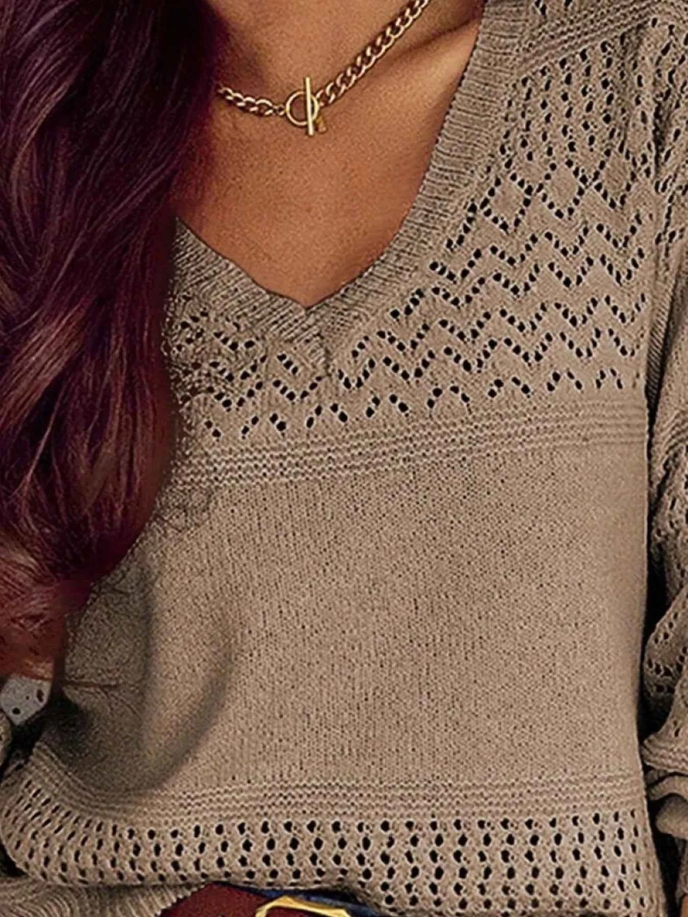 Eyelet Deatil V-Neck Long Sleeve Sweater 3e6bf37c-280c-4f9e-92b1-78783e8ddf6f-Max-Origin