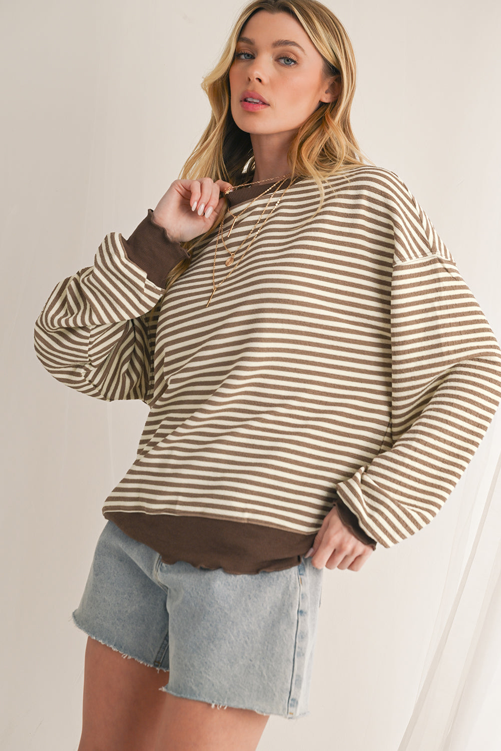 Brown Stripe Drop Shoulder Long Sleeve Top 3e7a7958a39ede37