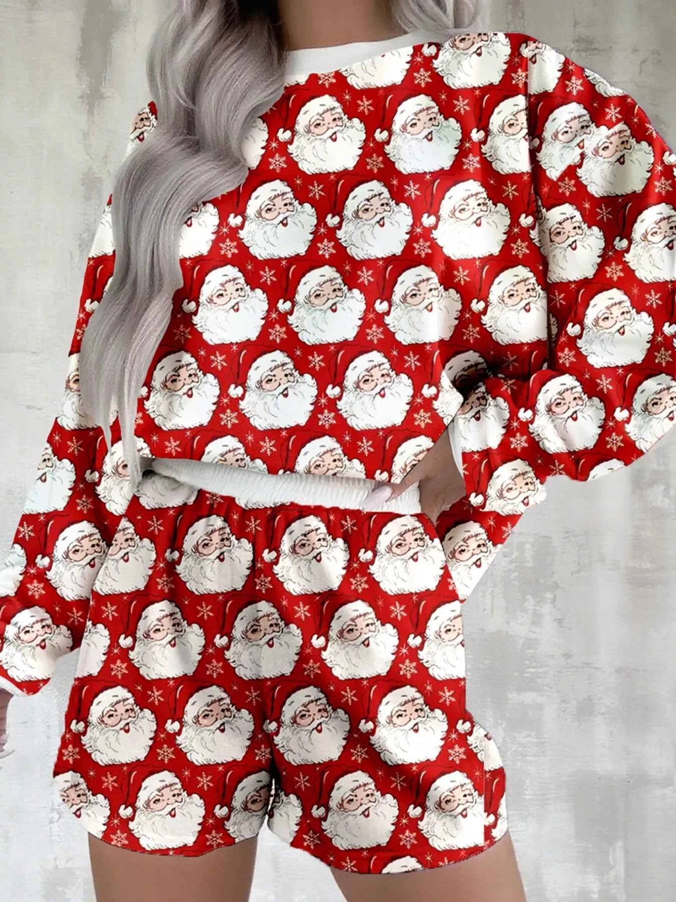 Christmas Santa Print Round Neck Top and Shorts Lounge Set 3e7cf120-2339-481f-a7aa-f867ca2715b6-Max-Origin
