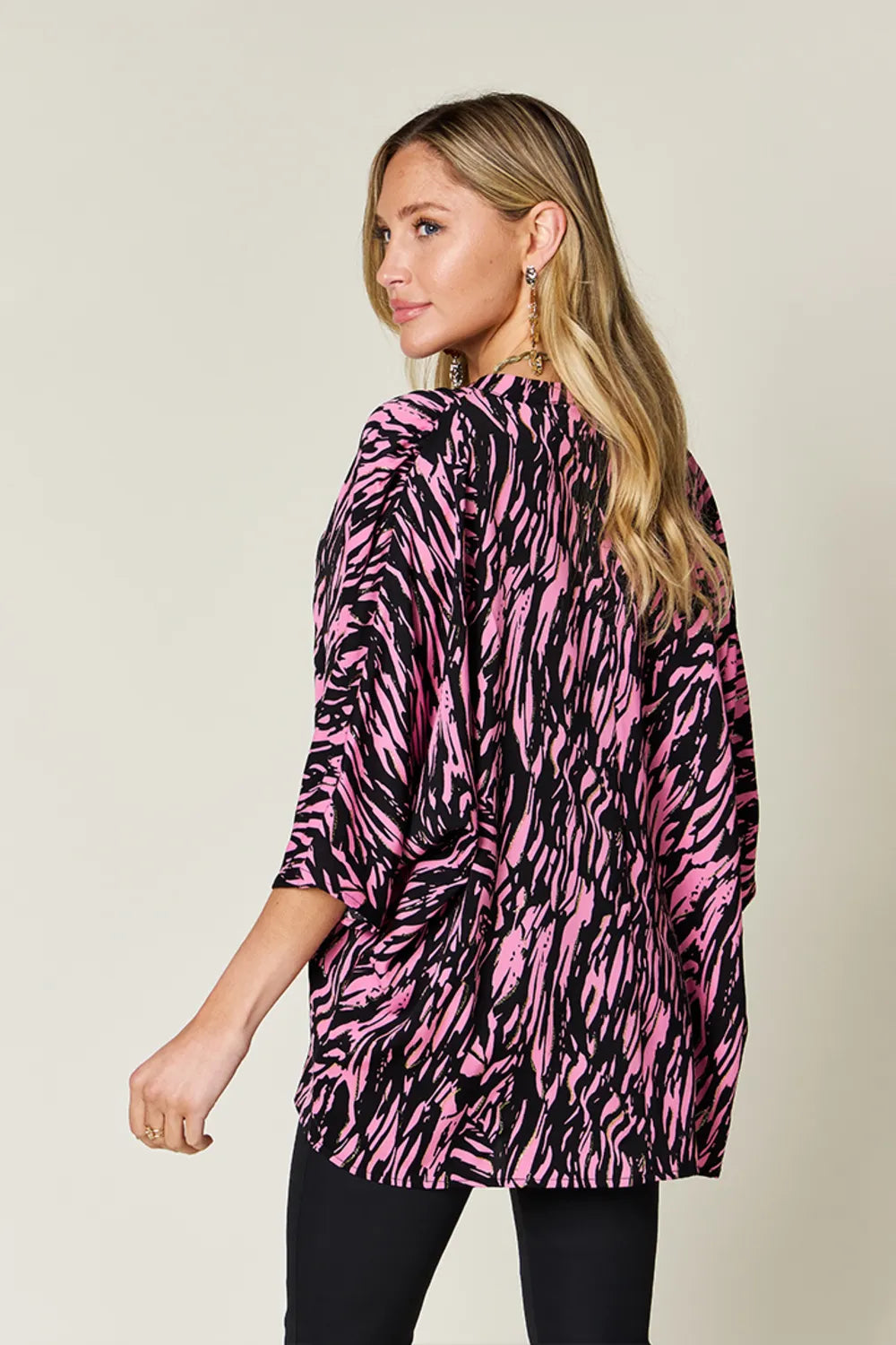 Double Take Full Size Printed Notched Three-Quarter Sleeve Blouse 3e886ef1-e0d2-4441-8c23-ca7141ff402b-Max