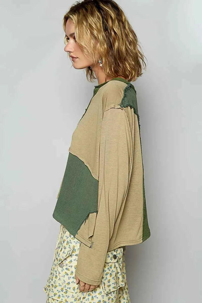 POL Color Block Notched Long Sleeve T-Shirt 3e910868-5ffa-4145-8e6b-082a847c24af-Max-Origin