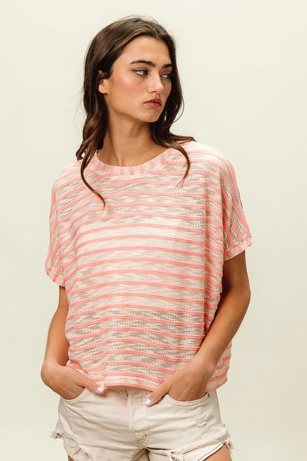 BiBi Braid Striped Short Sleeve Round Neck T-Shirt 3e95b769-78df-4fac-861b-3c4e58ad442d-Max