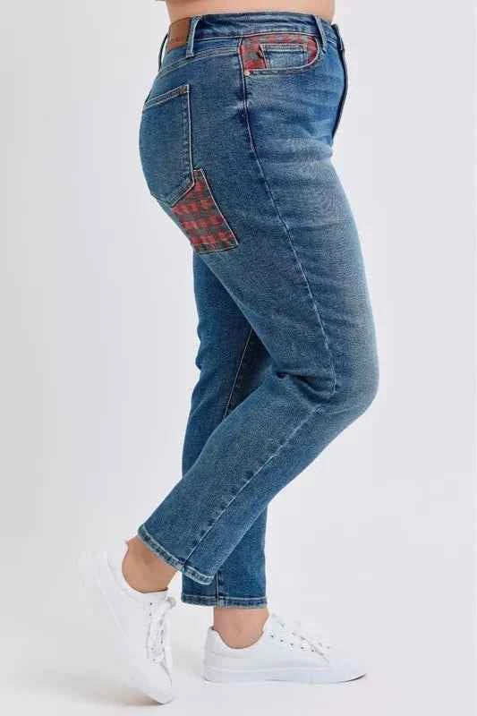 Judy Blue Full Size HW Plaid Patch Slim Fit Jeans Plus Size 3eac332b-65cd-43aa-a6a6-cbee1433a29b-Max-Origin