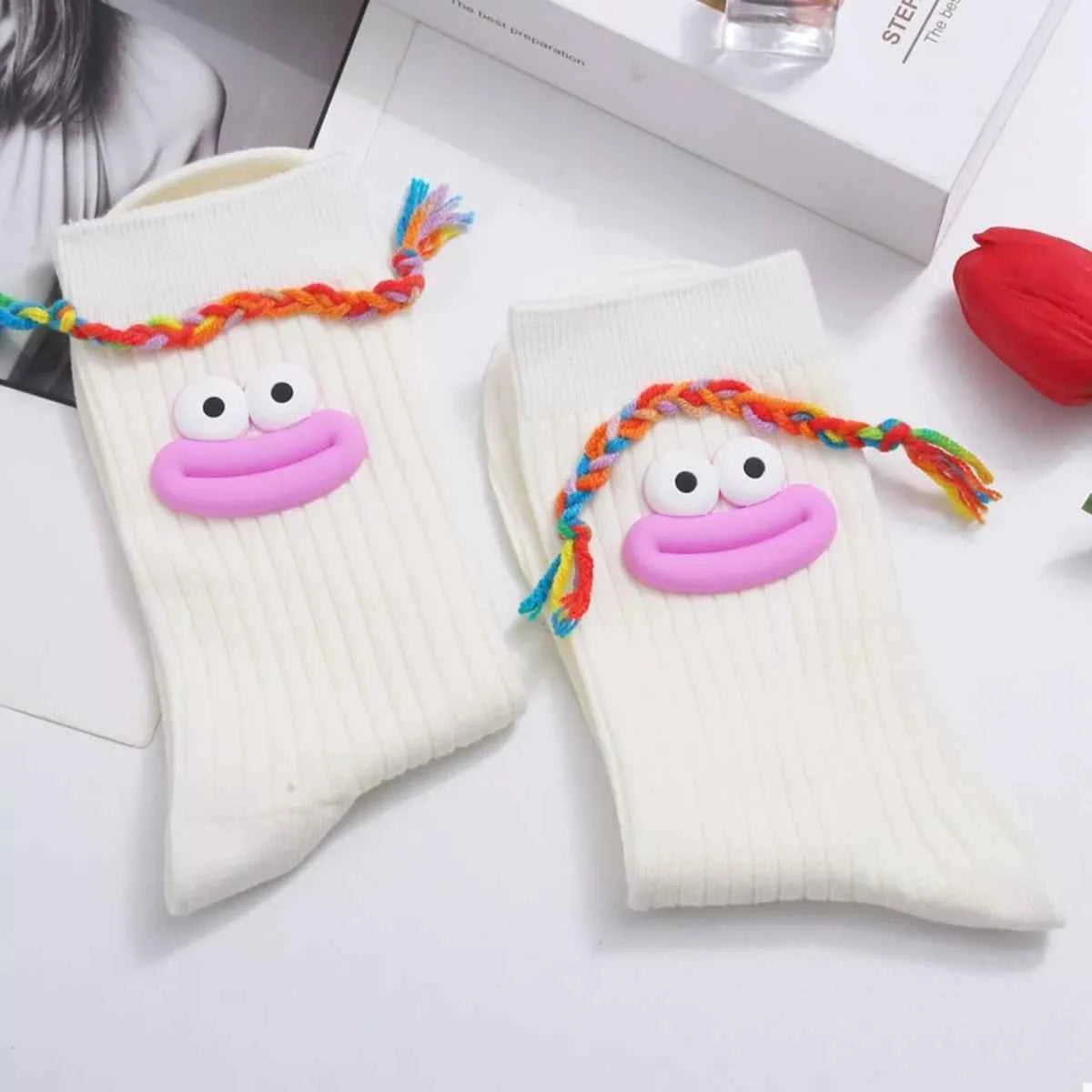 Cartoon Ribbed Knit Crew Socks White E One Size 3ecc1094-0d62-4664-bd70-eed924dd6af3-Max-Origin
