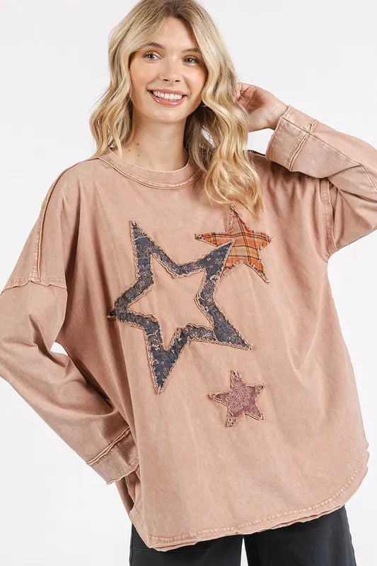 Mittoshop Mineral Wash Star Patch Long Sleeve T-Shirt Ginger 3ecc6be7-c23c-4168-8e43-084d94e4d09d-Max
