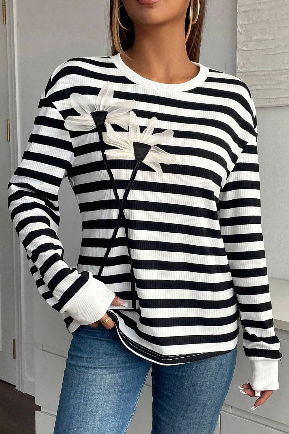 Black White Ribbed Striped Floral Applique Long Sleeve Top 3ed5b9480257d3db