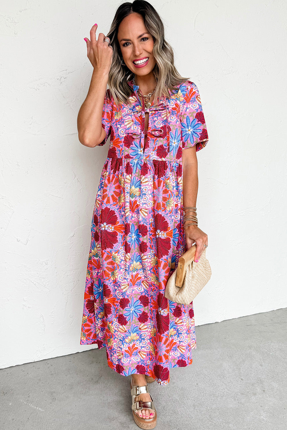 Rose Floral Print Tie Front High Waist Loose Midi Dress 3ee18470494c669a