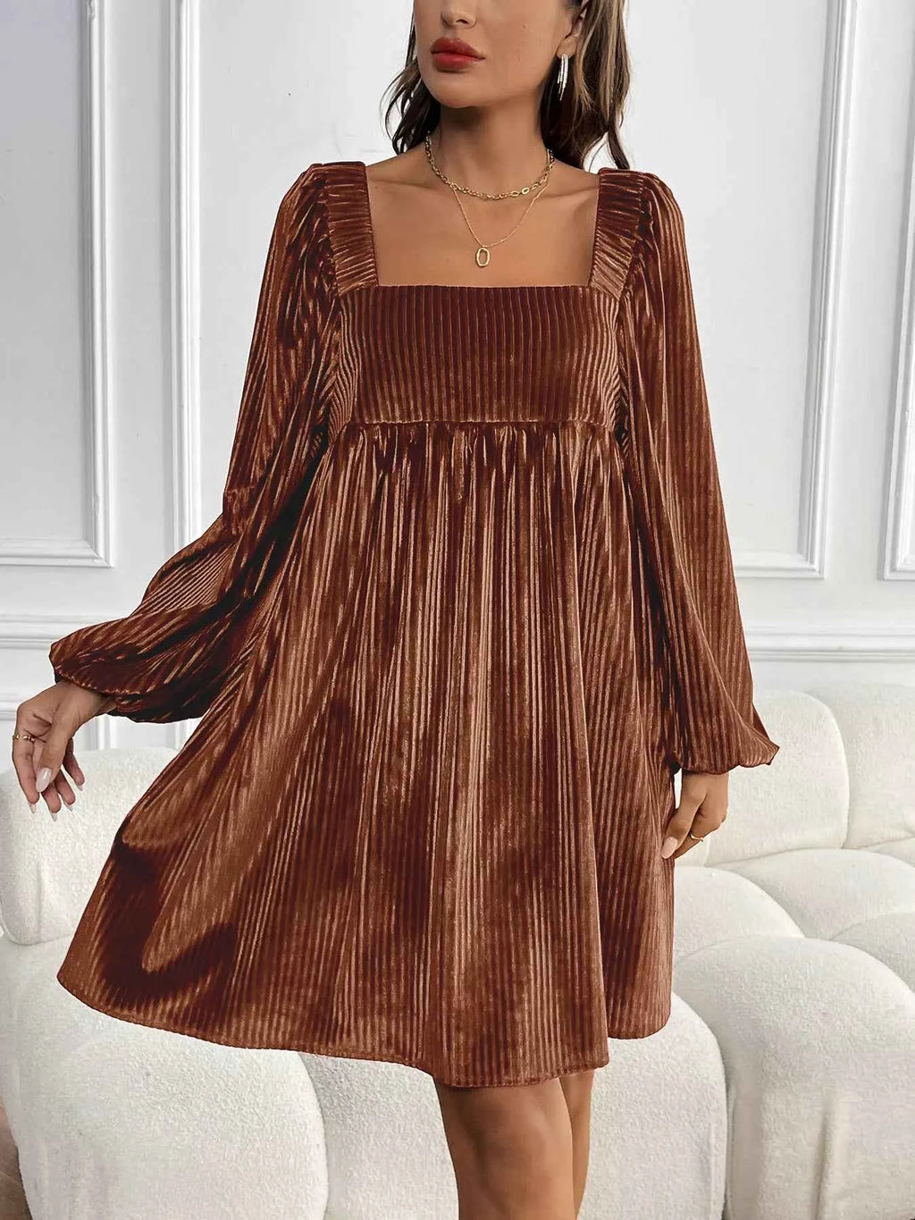 Velvet Square Neck Long Sleeve Dress Brown 3eecfe7f-2ceb-47c4-ba17-c1cac7886640-Max-Origin