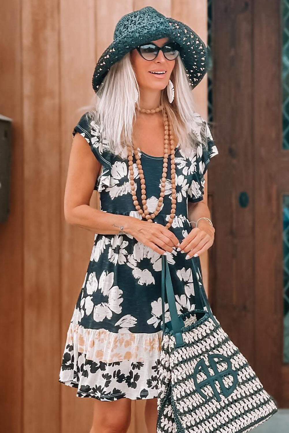 Dark Green Floral Print Ruffle Sleeve Empire Waist Mini Dress 3eff3eadfa7d1356