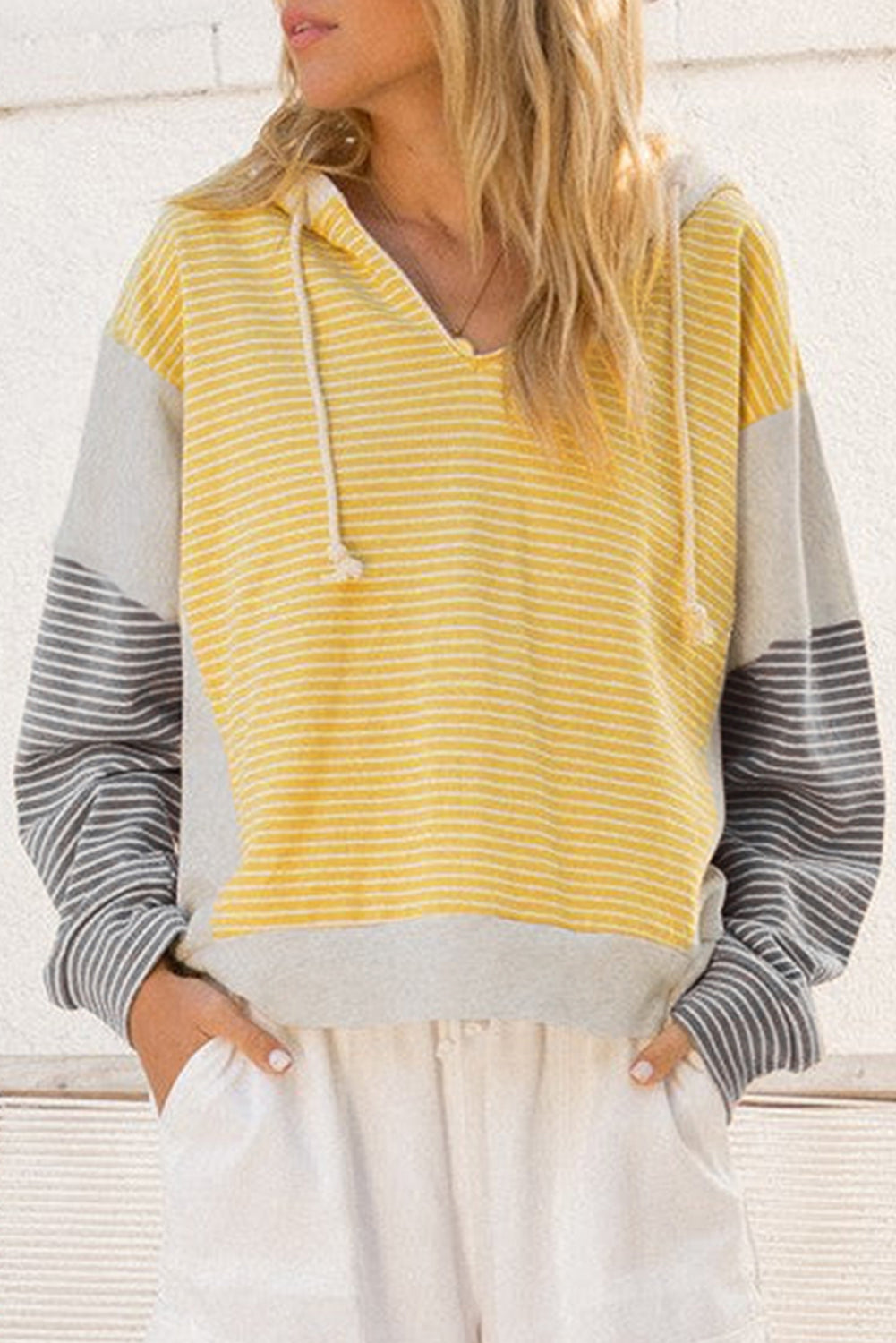 Yellow Stripe Colorblock Drawstring V Neck Loose Fit Hooded Top Yellow Stripe 95%Cotton+5%Elastane 3f18e9ee9c007aaa