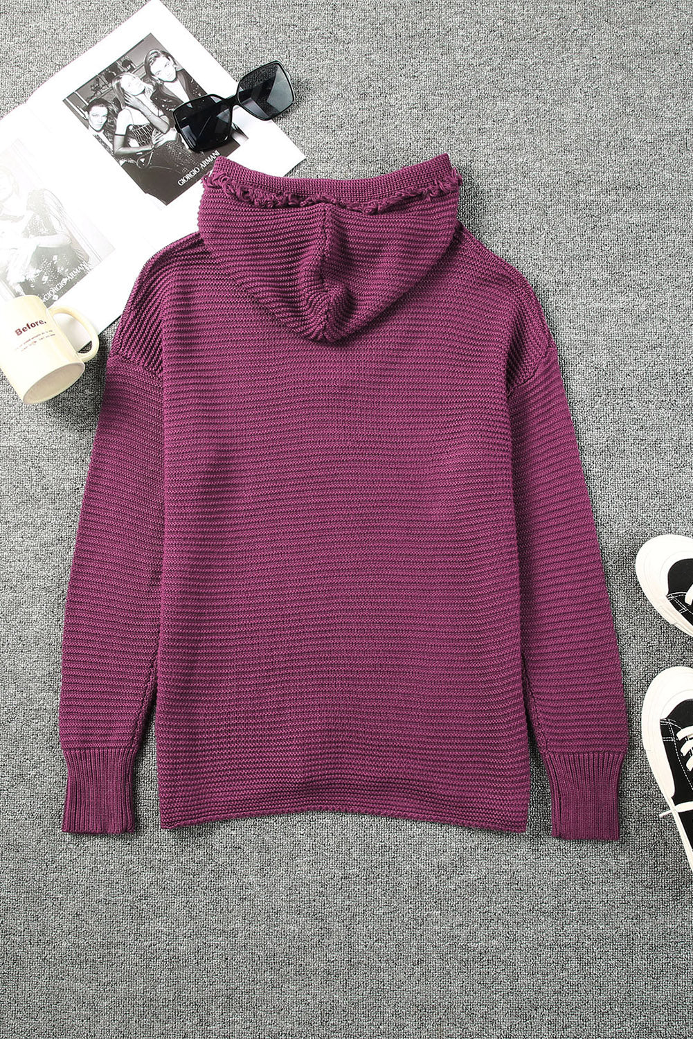 Purple Split V Neck Pullover Hooded Sweater 3f26e8277d61d2fb
