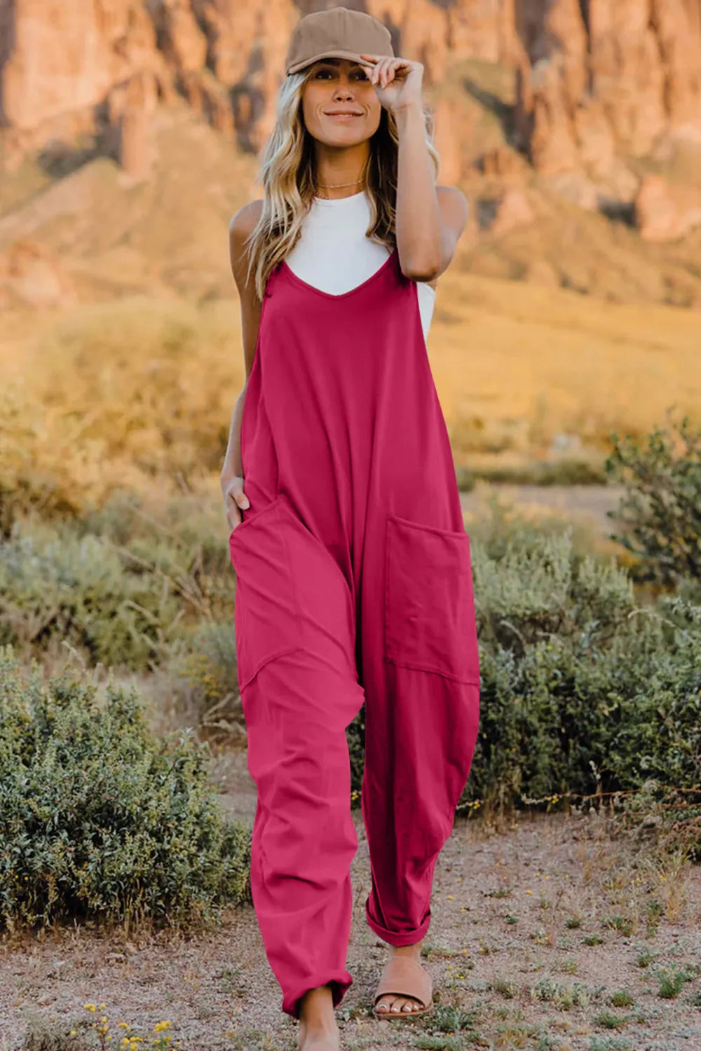 Double Take Full Size V-Neck Sleeveless Jumpsuit with Pockets Hot Pink 3f2e7338-781a-4b72-8ee9-dcbbf82a092e-Max