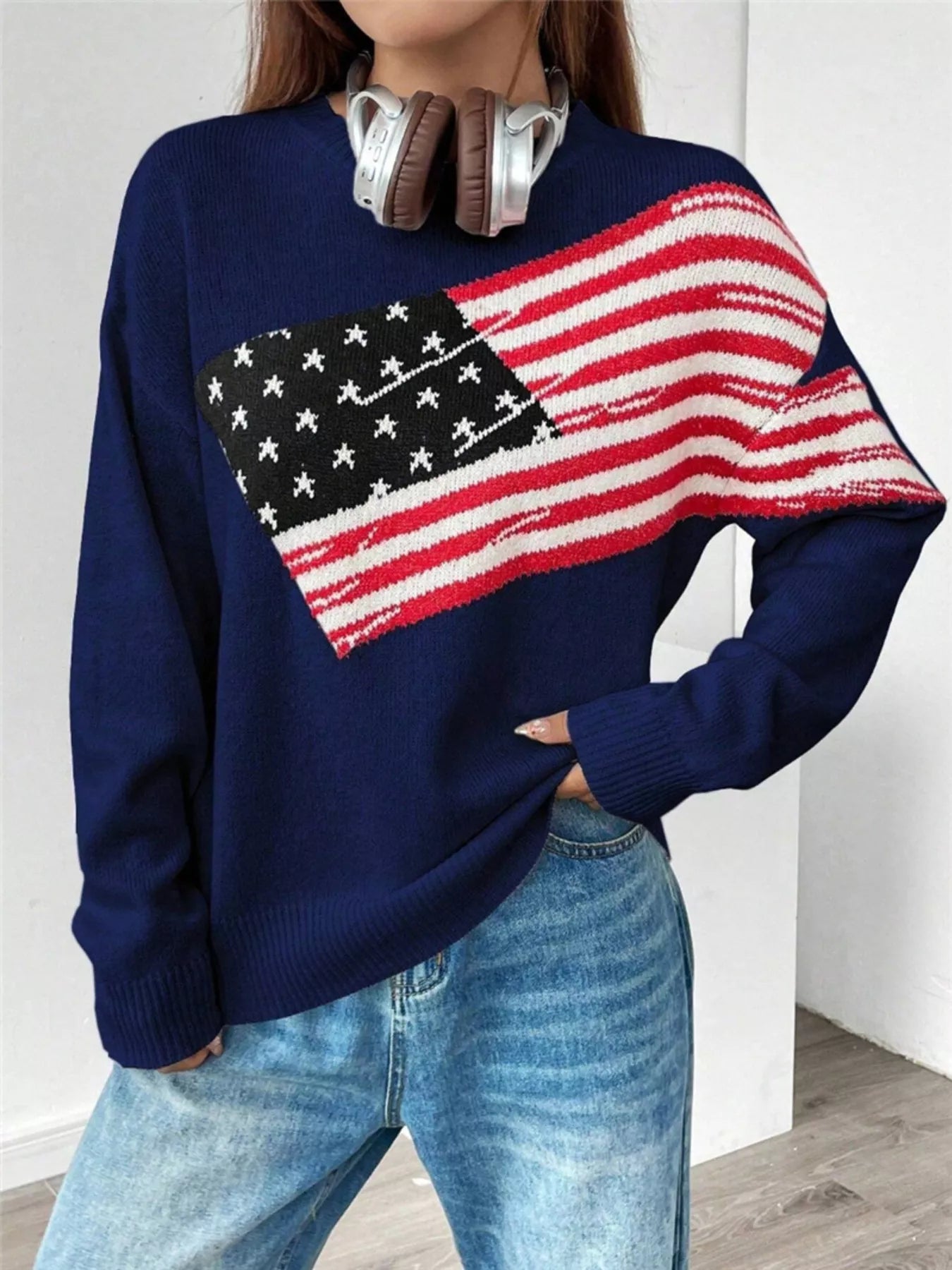 US Flag Round Neck Long Sleeve Sweater Navy 3f33e9df2a674701aa62c6d6e15171a8-Max-Origin