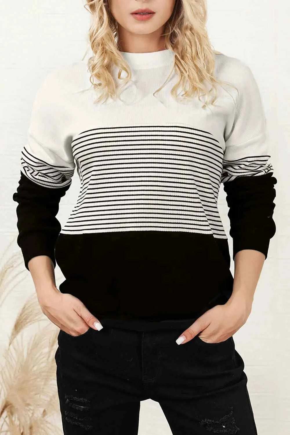 Striped Color Block Long Sleeve Knit Top 3f47da87-3065-4f85-bdf4-55aff095cd4f-Max