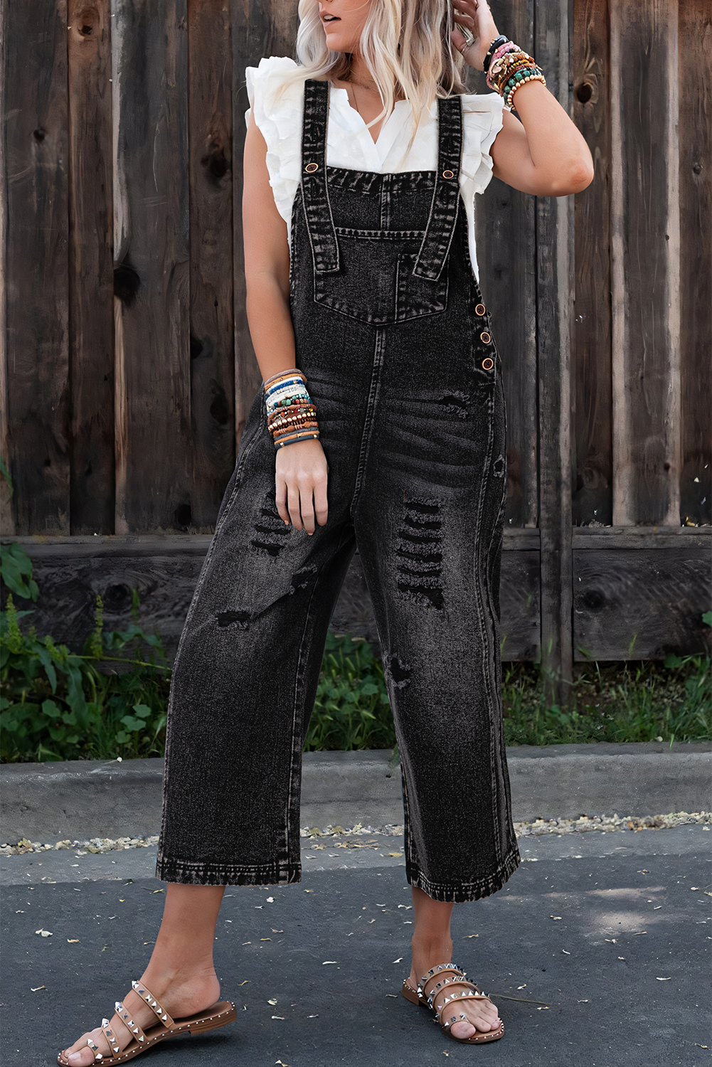 Black Distressed Bib Pocket Wide Leg Denim Overall Black 3f522b0b5b26b3db
