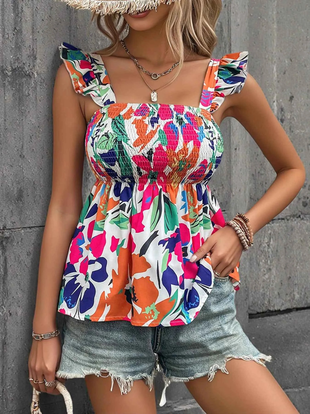 Smocked Printed Ruffled Blouse Hot Pink 3f54049b46004cccb15bedbf9b68cb0f-Max-Origin