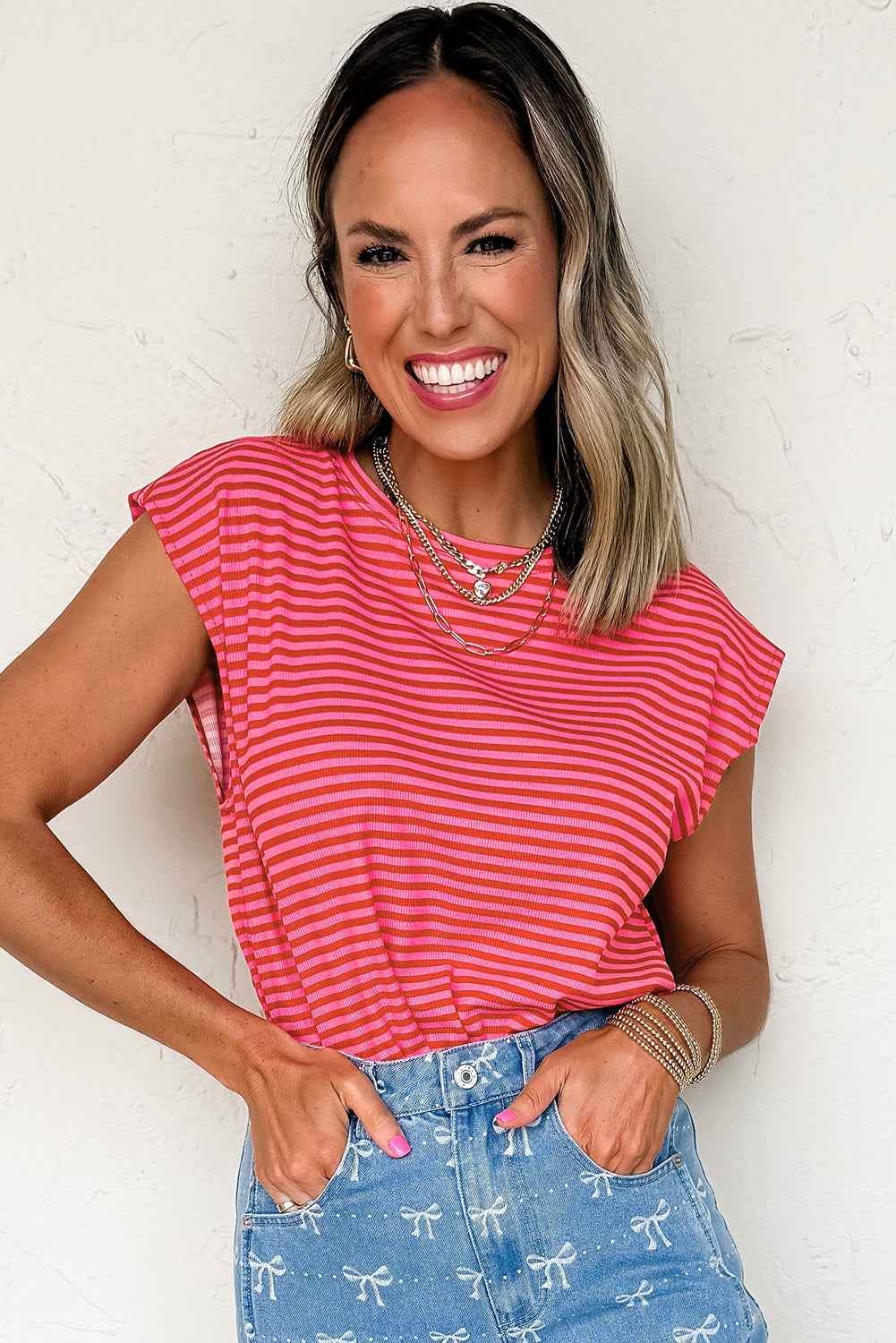 Sky Blue Stripe Ribbed Cap Sleeve Round Neck T Shirt 3f6ca4761d1f4aba